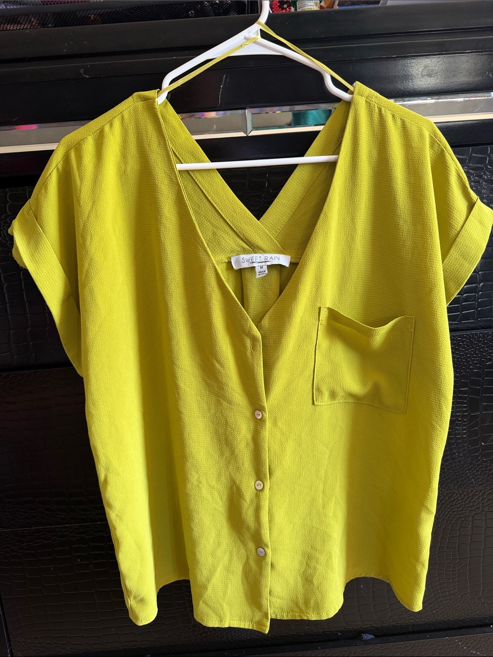 Sweet Rain Chartreuse V-Neck Button Front Blouse